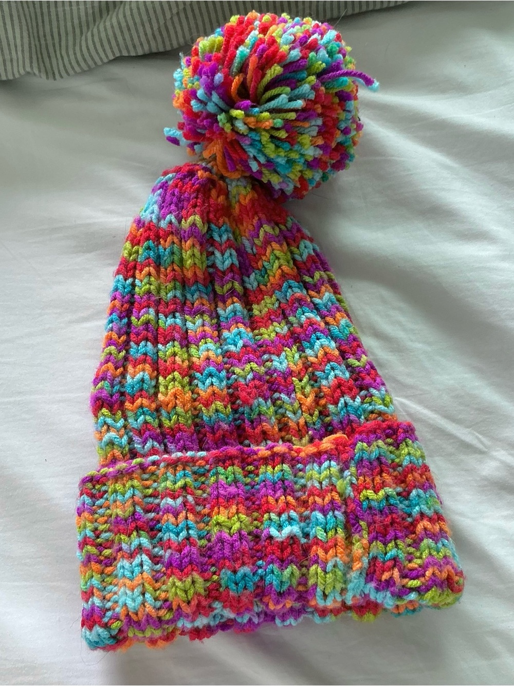 FREE rainbow Pom Pom Beanie toque winter knitted Hat adult womens